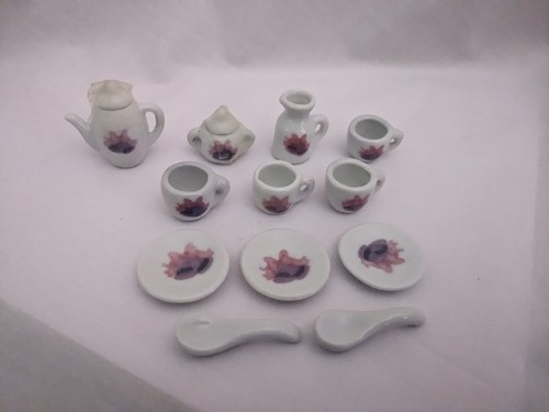 Vintage Dollhouse Miniature Porcelain Ceramic Tea Set 12 Pc Purple & Pink Bells - Picture 1 of 6