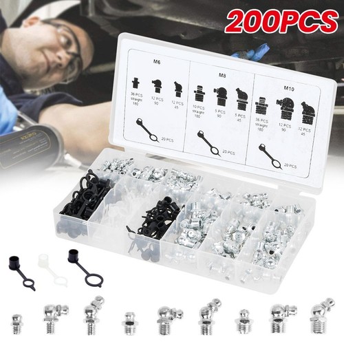 200tlg Schmiernippel Sortiment Satz Gerade 45° 90° 180° Hydraulik Fettnippel Set - Bild 4 von 11