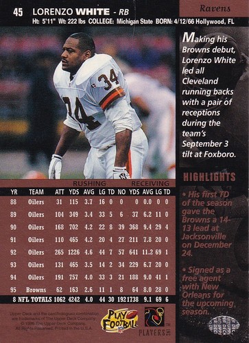 1996 Upper Deck #45 Lorenzo White Baltimore Ravens Football Card - Picture 2 of 2