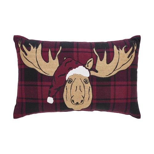 Cumberland Red Black Plaid Moose Pillow 14x22 VHC Brands Red Black Tan - Picture 1 of 6