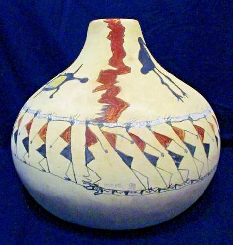 Large Acoma Pottery Jar Signed MAER 90 with Polychrome People, Stork and Frog - Picture 2 of 12