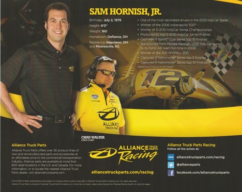 2012 Sam Hornish, Jr. Alliance Truck Parts Dodge Challenger NASCAR Hero Card - Picture 2 of 2