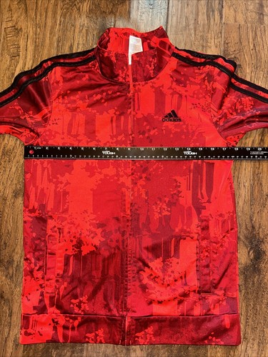 Boys Adidas Red Full Zip Jacket Sz large 14 16 Print Black 3 Stripe Sleeves Logo - Picture 5 of 8