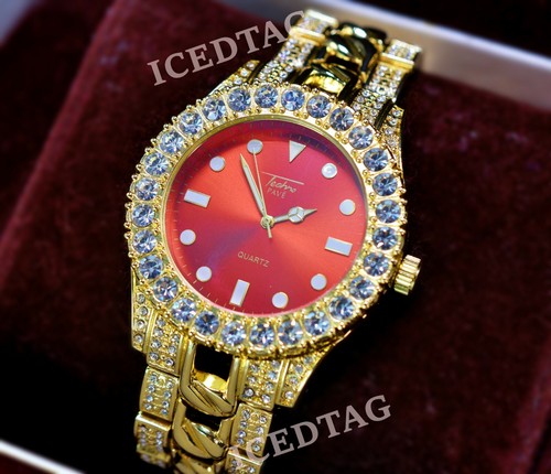 MENS ICED HIP HOP GOLD PT TRENDY RED CLUBBING DIAL BLING-ED MIAMI CLASSY WATCH - 第 4/6 張圖片