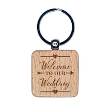 Welcome to Our Wedding with Hearts Engraved Wood Square Keychain Tag Charm