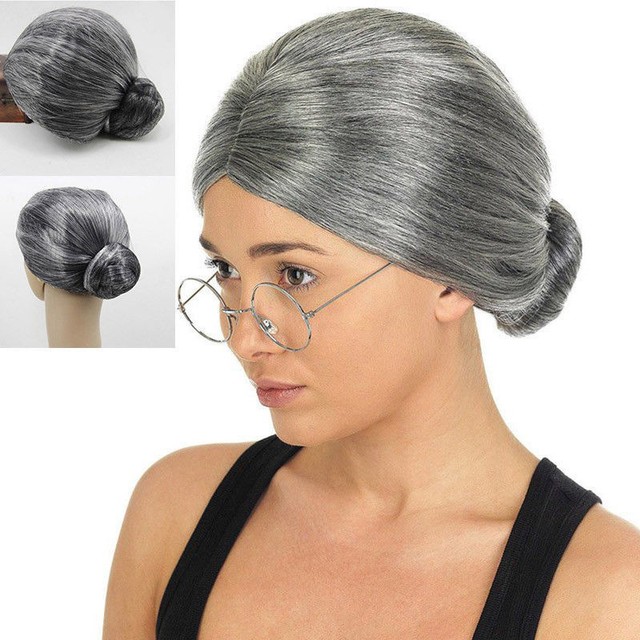 Grandma Silver Gray Old Lady Granny Costume Cosplay Women Wig Bun Fashion