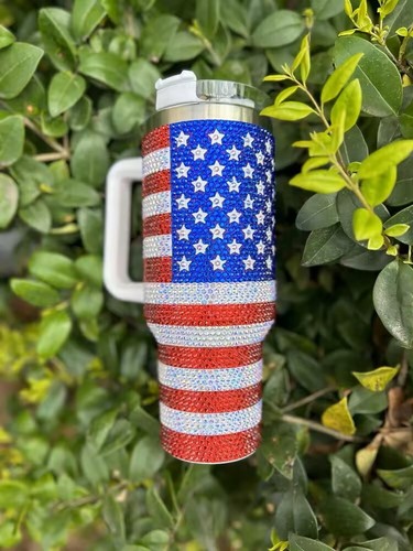 40 Oz Rhinestone Bling Tumbler with Handle and Straw (American Flag) Theme - Picture 3 of 4