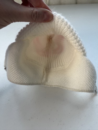 Cappello con patta auricolare vintage a maglia rosa bianco a righe pom bambino neonato - Foto 4 di 7