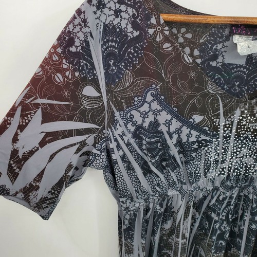 Vintage Womens Multi-Print Boho Dress Size L Gray Short Sleeve V-Neck Agenda - Picture 4 of 8