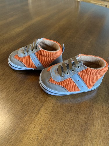 Little Me Baby Boy size 3 Tan and Orange Sneakers Soft Sole - Picture 2 of 5