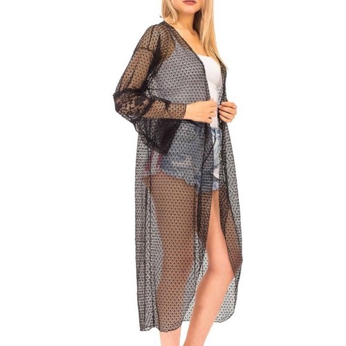 Black Long Sleeve Lace Crochet Sheer Kimono / Coverup / Cardigan - Picture 3 of 4