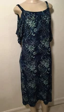 Soft Surroundings Kaftan Light Green Floral on Teal Cold Shoulder Gauze PM EUC