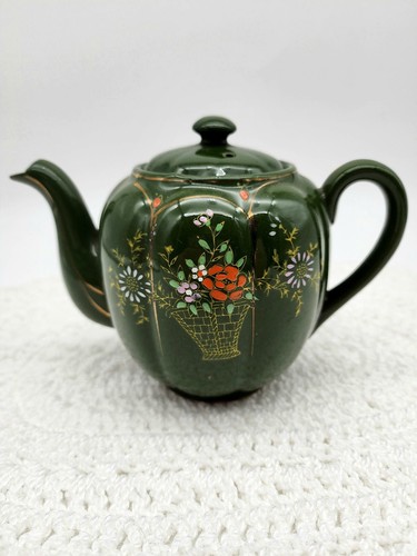Tetera de cerámica japonesa de colección verde pintada a mano florales **ÚNICA** - Imagen 2 de 12