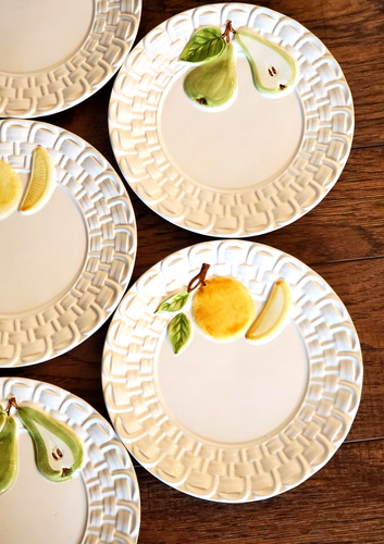 Alcobaca Portugal Raised Ceramic Set of 7 Fruit DESSERT PLATES 8.25" Embossed - Picture 6 of 13