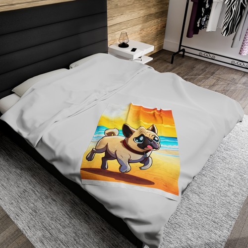 Pug Running on the Beach - Velveteen Plush Blanket - Picture 13 of 25