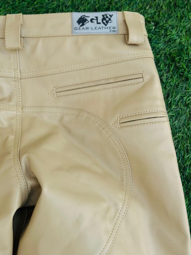 Men's Real Cow Leather Highway Police Uniform Pant Beige Cow Leather Jeans - Picture 4 of 5