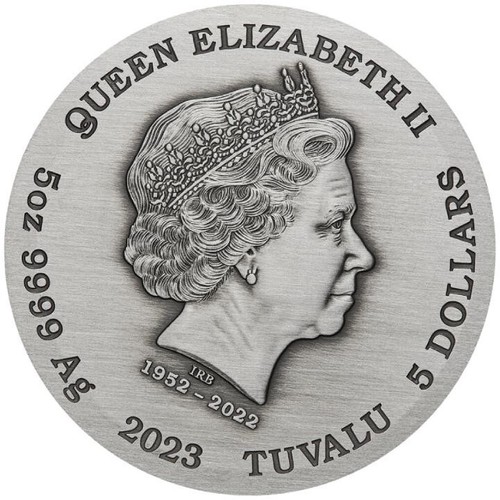 $5 dólar dragón - dragón Tuvalu 5 oz plata acabado antiguo 2023 - Imagen 3 de 5