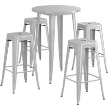 30" Round Silver Metal Restaurant Bar Table Set with 4 Backless Barstools Chair