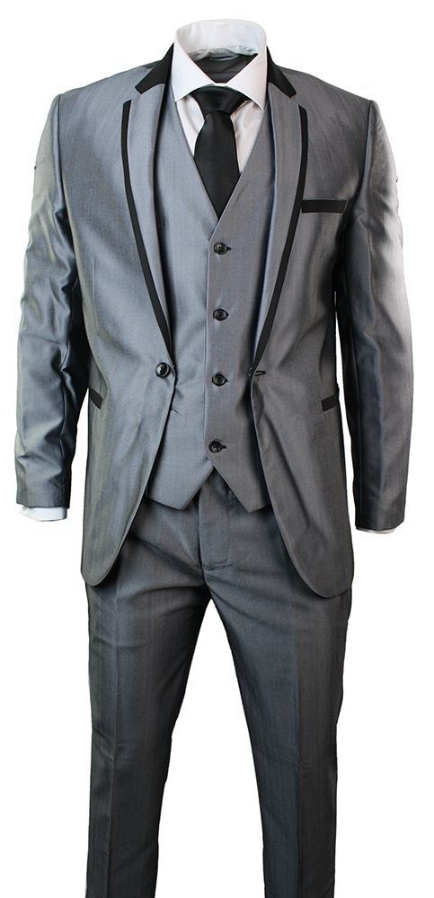 Da UOMO UOMO Da LUCIDO GRIGIO 3 Pezzi Suit Nero Trim Aderente Festa Matrimonio Prom 1 pulsante 88b102 Da UOMO UOMO Da LUCIDO GRIGIO 3 Pezzi Suit Nero Trim Aderente Festa Matrimonio Prom 1 pulsante 88b102