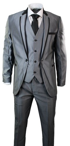 Wedding 1 Black Suit Shiny Party Prom Fitted Button Piece Mens 3 Grey Trim wpPWgg8qf