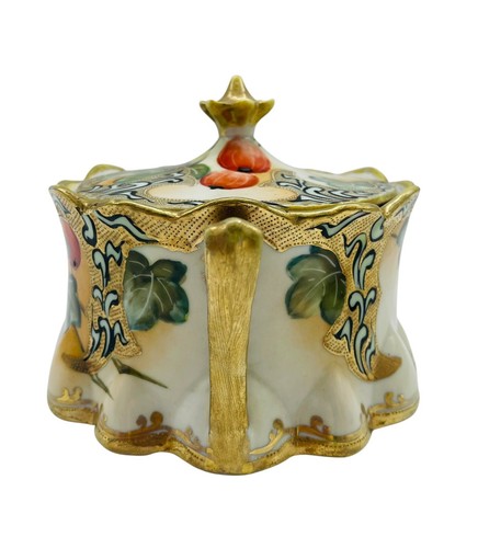 Old Large NIPPON Gooseberries Gold MORIAGE Handled wLid BOWL NORITAKE Maple Leaf - Picture 2 of 10