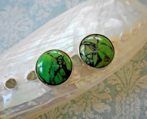 Sterling Silver Round Green Turquoise Stud Earrings 30M45 - Picture 7 of 15