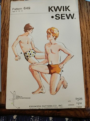 Kwik Sew Pattern 649 Boys' Swim Trunks Bikini or Regular Style Sz 8-12 UNCUT  - Picture 1 of 4