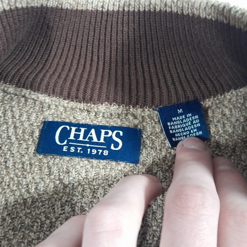 Chaps Sweater Mens M Brown Elbow Pads Henley Chunky Knit Logo - Picture 5 of 11