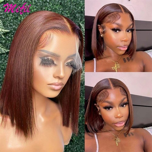 Highlight Short Bob Bone Straight Chocolate Brown HD Lace Front Human Hair Wigs - Picture 16 of 29