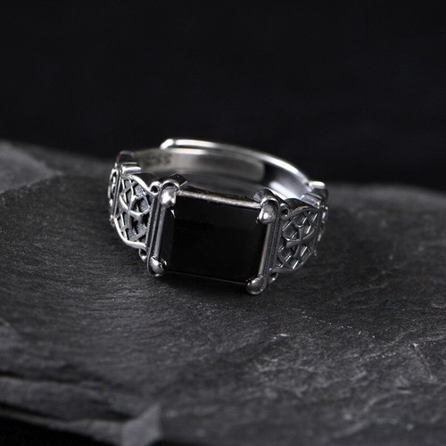 I05 Anello Da Uomo In Agata Nera A Forma Di Croce In Argento 925 Regolabile - Bild 2 von 7
