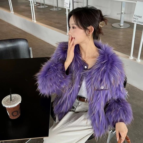 Women Button Real Leather Sheepskin Raccoon Fur Short Coat Jacket Winter Fashion - Picture 2 of 29
