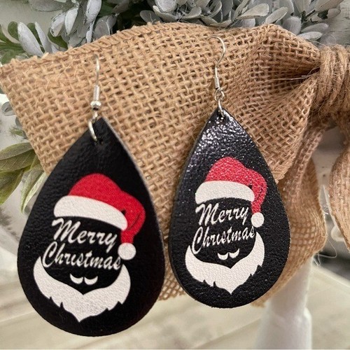 Christmas Faux Leather Teardrop Dangle Earrings Merry Christmas Santa - Picture 2 of 2