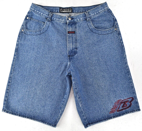 Vintage 90s BOSS Streetwear Hip-Hop Rap Baggy Denim Jeans Short USA Mens Size 38