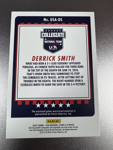 2025 Panini USA Baseball Stars & Stripes #USA-DS Derrick Smith Game Used MEM - Bild 7 von 7