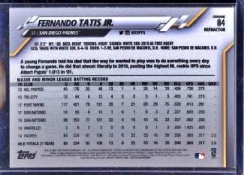 2020 Topps Chrome Refractors #84 Fernando Tatis Jr. - Image 2 of 2