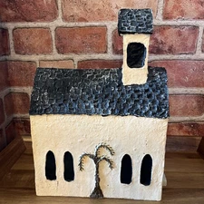 Primitive Folk Art Style Church Beige Black Home Decor 11”x8.5” Resin