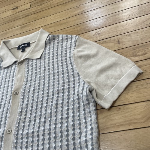 Express Knit Shirt Men M Tall Gray Tan Retro Knit Bowling Preppy Club Golf 40" - Picture 19 of 20
