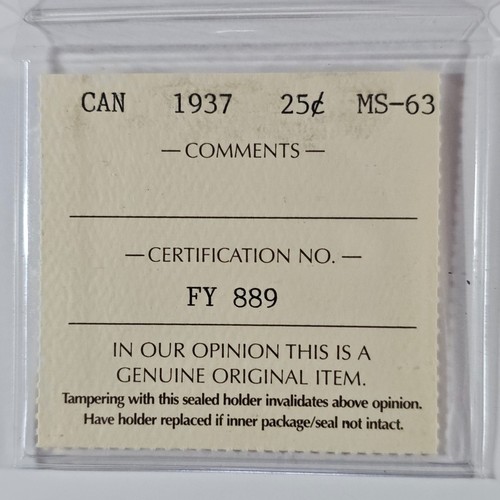 Canadá 1937 25 veinticinco centavos - KM# 35 - ICCS CERTIFICADO MS-63 - CD-034 - Imagen 7 de 9