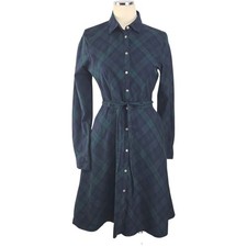 ​UNTUCKit Holly Plaid Shirt Dress 8 Navy Green Tartan Dark Academia Prep Stretch