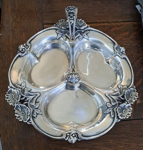 ART NOUVEAU Sterling Silver Condiment Serving Dish 9.25" Applied Flowers Handled - Picture 15 of 18