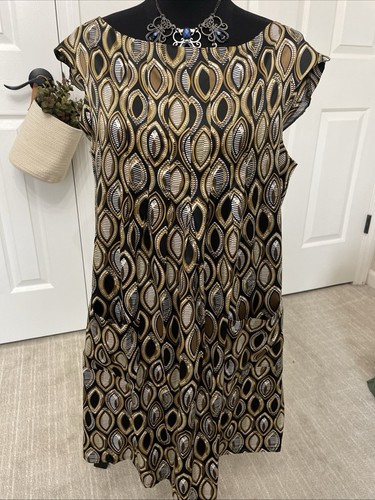 Vestido túnica vaina Mark sedoso negro dorado estampado talla SS grande para mujer - Imagen 15 de 15