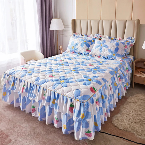 Quilted Bed Skirt Bedspread Printed Mattress Covers Protector (No Pillowcase) - Picture 41 of 44