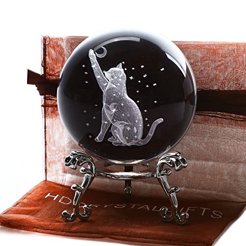 60mm 3D Cat Crystal Ball Figurine Glass Laser Engraved Cat Moon Star