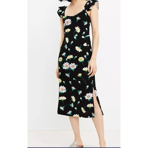 LOFT Floral Ruffle Strap Midi Dress Sundress Size 10 Black Yellow White Daisies
