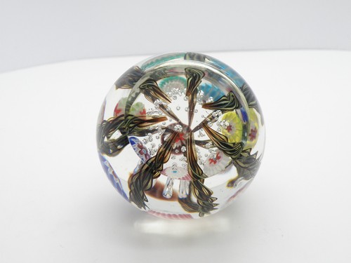 Vtg Hand Blown Art Glass Millefiori Floral Paperweight 3" Round Latticino *CHIP - Picture 18 of 20