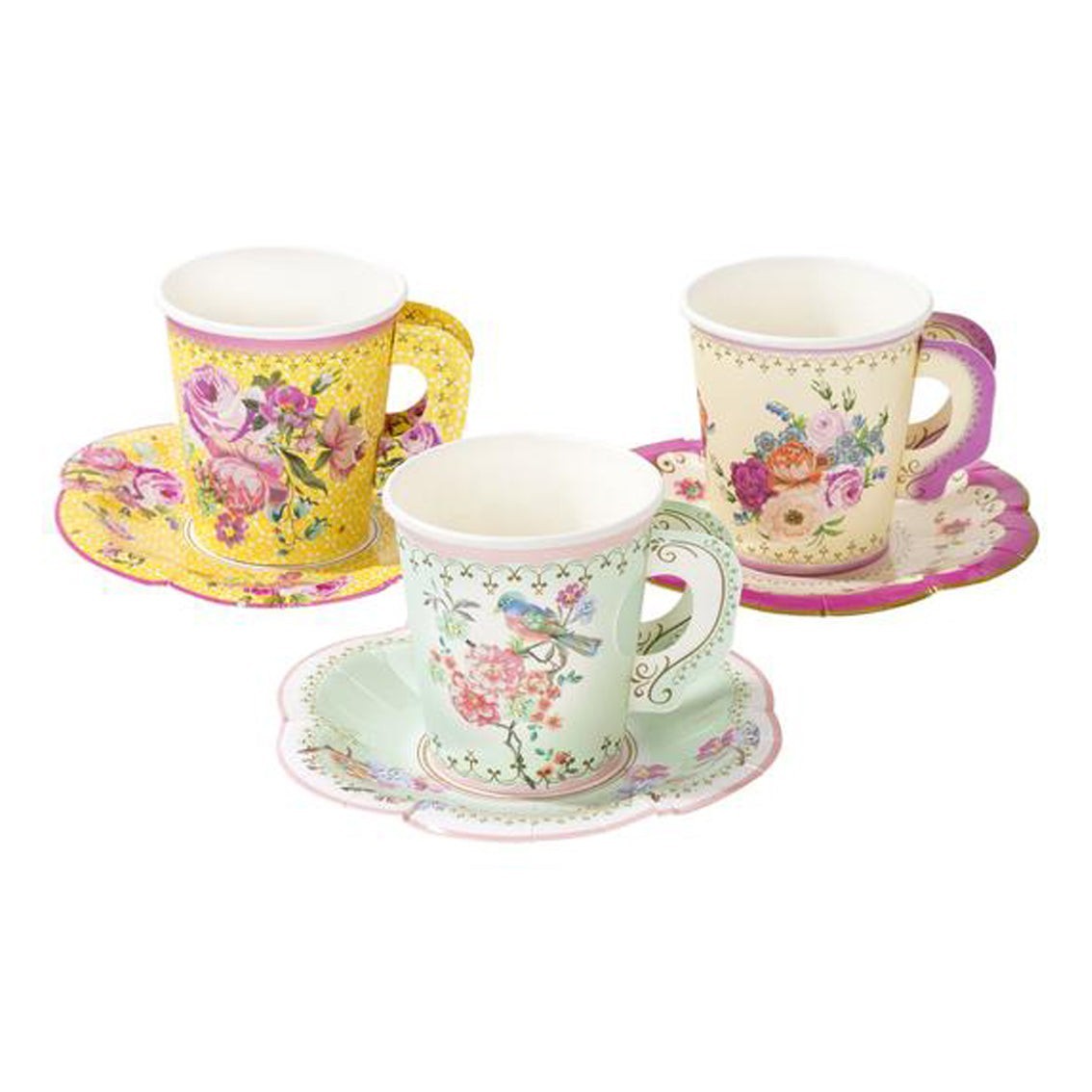 Vintage Style Paper Cups Pretty Floral Afternoon Tea Party Cups Saucers x 12