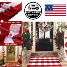 Christmas Red and White Plaid Cotton Rug Hand-Woven Outdoor Door Mat Washable