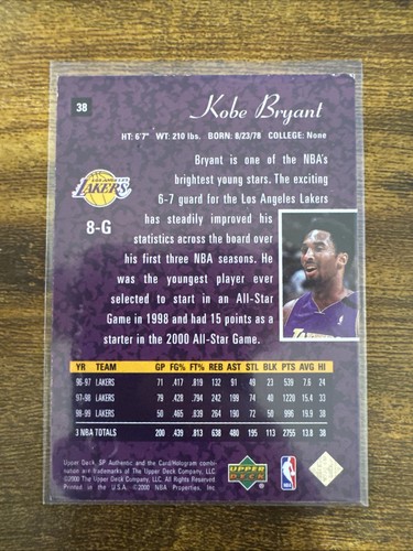 1999-00 Upper Deck SP Authentic #38 Kobe Bryant Los Angeles Lakers - Picture 2 of 2