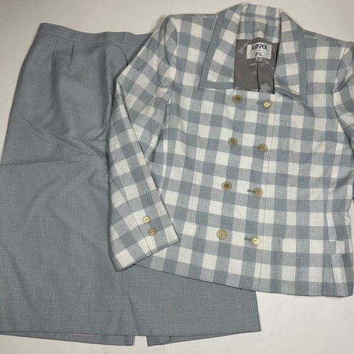 Vtg Kasper For ASL 2pc Skirt Suit Plaid Gray Double Breasted Jacket Lined Sz 14 - Picture 2 of 12