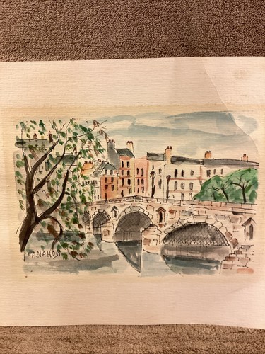 Vintage A. Nahon Original Watercolor Painting 11.5” X 9” Bridge Landscape - Picture 3 of 5